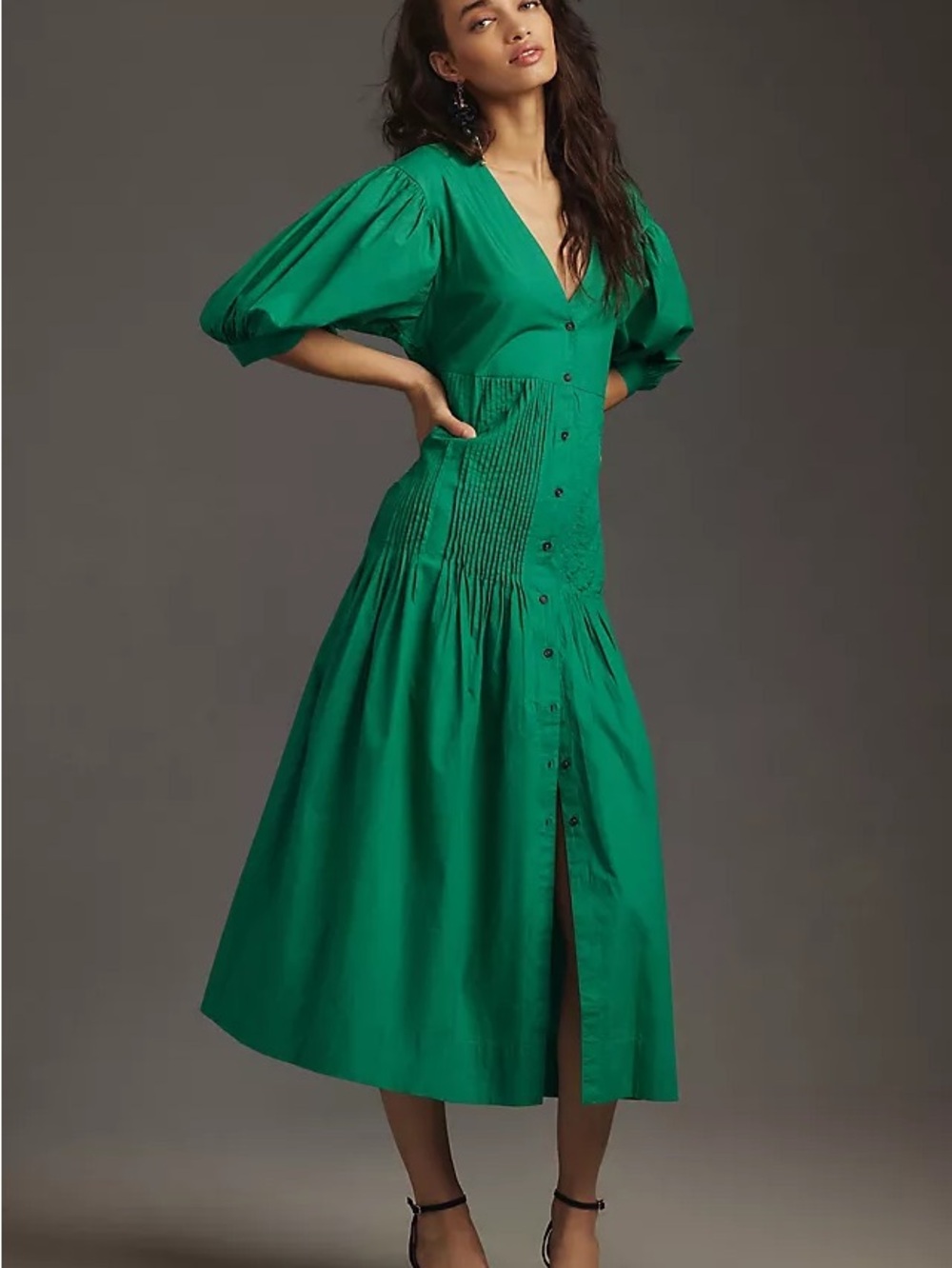 Anthropologie Emerald Green Button-Front Midi Dress with Puff Sleeves